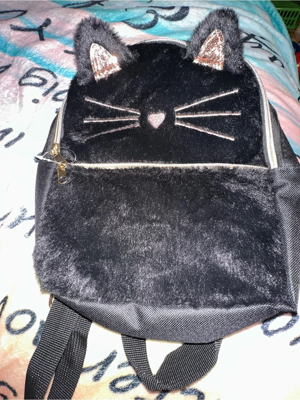 Black Fuzzy Cat Backpack with Glitter Ear Accents
